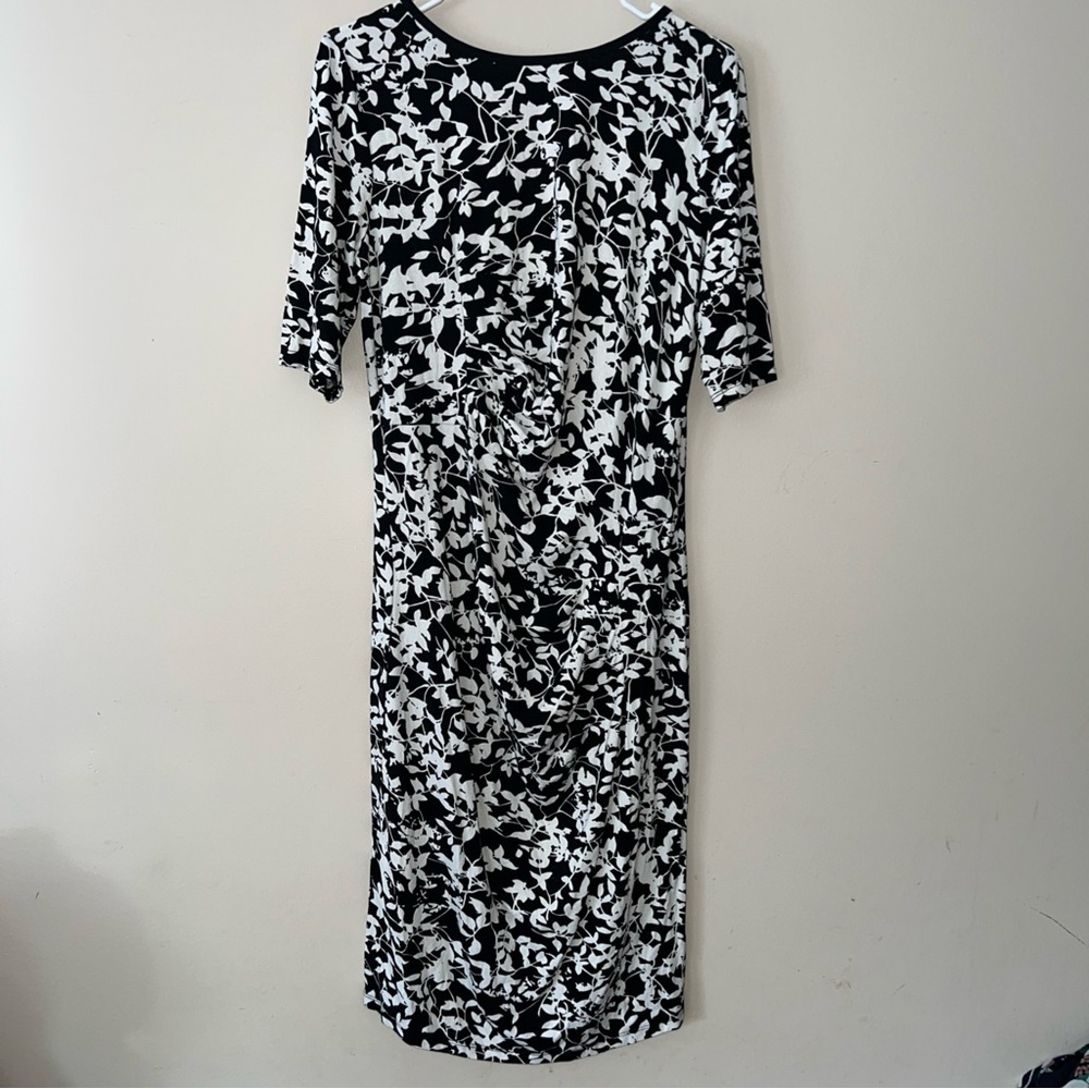 Nadya Toto Dress Floral Black White Midi Stretchy Womens Size Large